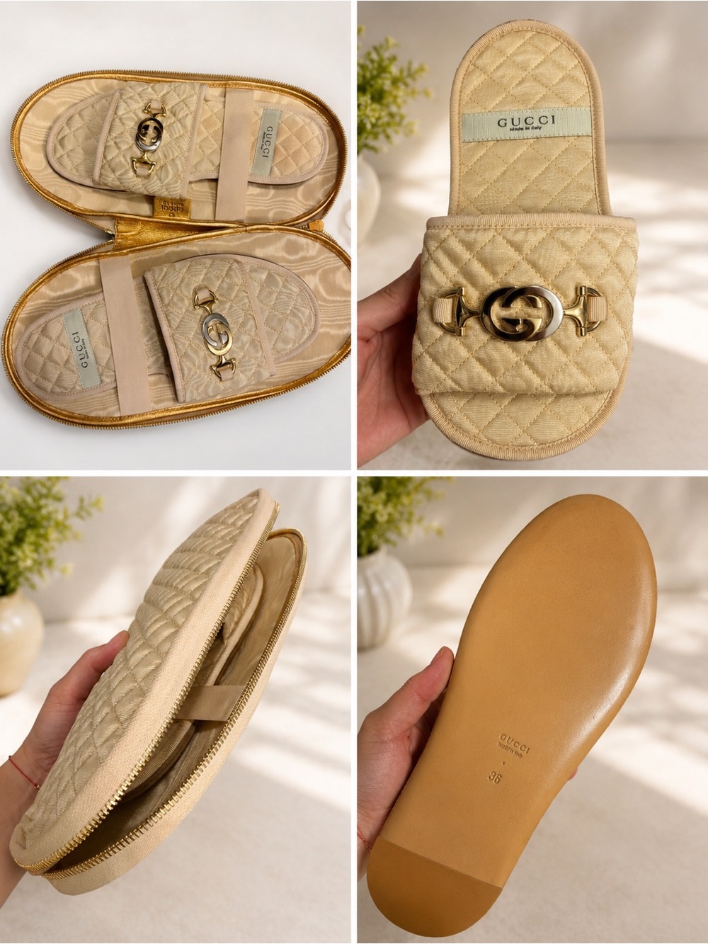 Gucci Gold-Toned Quilted Velvet Slip-On Mules